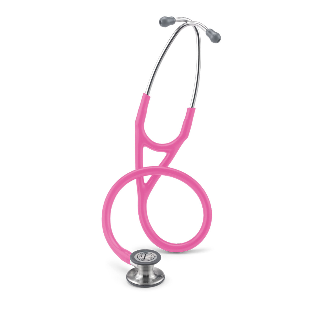 A pink Littmann® Cardiology IV™ Stethoscope with a metallic chest piece stands upright, its tubing coiled loosely in front.